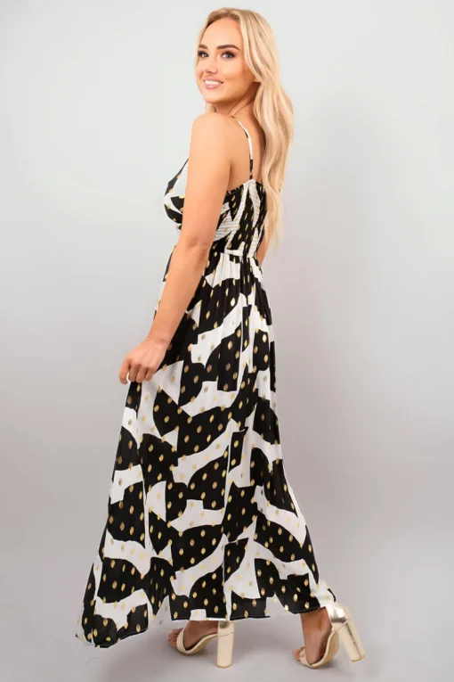Black Nadia Printed V-Neck Sleeveless Romper Midi Dress<IKRUSH Outlet