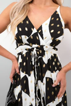 Black Nadia Printed V-Neck Sleeveless Romper Midi Dress<IKRUSH Outlet