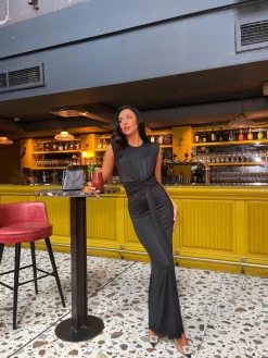 Black Nadia Sleeveless Gathered Maxi Dress with Drape<IKRUSH Online