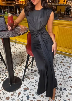 Black Nadia Sleeveless Gathered Maxi Dress with Drape<IKRUSH Online