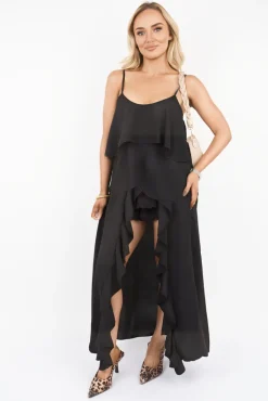 Black Nayeli Layered Cami Top with Asymmetric Hem<IKRUSH New