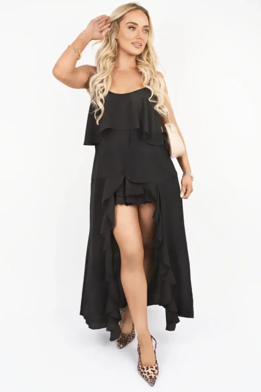 Black Nayeli Layered Cami Top with Asymmetric Hem<IKRUSH New