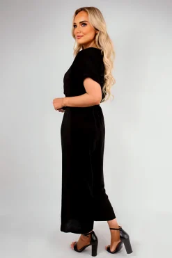 Black Nerina Wrap Short Sleeve Wide Leg Jumpsuit with Tie Waist<IKRUSH New