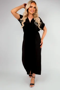 Black Nerina Wrap Short Sleeve Wide Leg Jumpsuit with Tie Waist<IKRUSH New