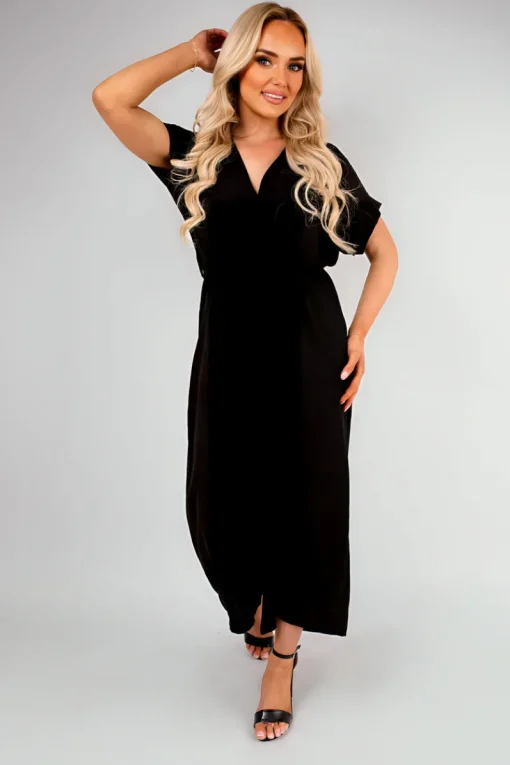 Black Nerina Wrap Short Sleeve Wide Leg Jumpsuit with Tie Waist<IKRUSH New