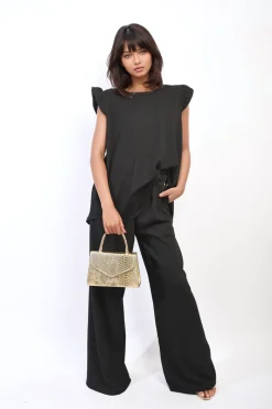 Black Nova Ruffle Trim Top and Wide Leg Trouser Co-ord Set<IKRUSH Hot