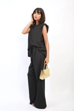 Black Nova Ruffle Trim Top and Wide Leg Trouser Co-ord Set<IKRUSH Hot