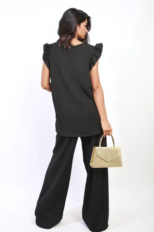 Black Nova Ruffle Trim Top and Wide Leg Trouser Co-ord Set<IKRUSH Hot