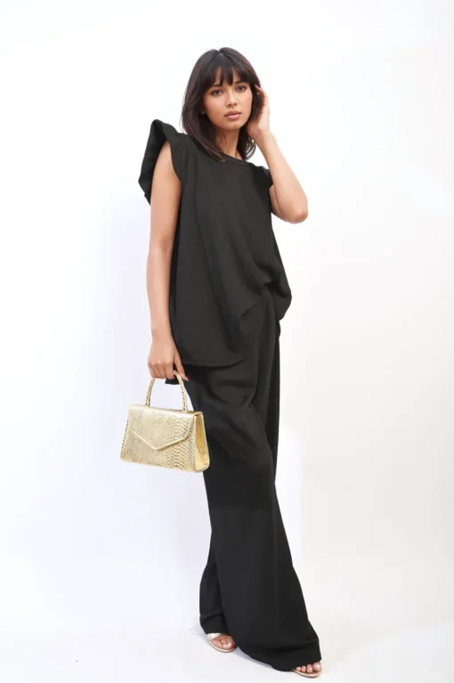 Black Nova Ruffle Trim Top and Wide Leg Trouser Co-ord Set<IKRUSH Hot