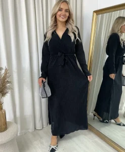 Black Pamela Elegant V Neck Tie Waist Glittery Maxi Dress<IKRUSH Discount