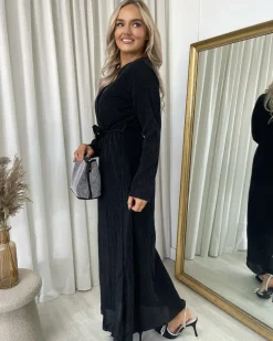 Black Pamela Elegant V Neck Tie Waist Glittery Maxi Dress<IKRUSH Discount