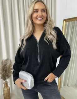 Black Pamela Front Zip Detail Glitz Top<IKRUSH Hot