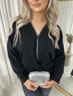 Black Pamela Front Zip Detail Glitz Top<IKRUSH Hot