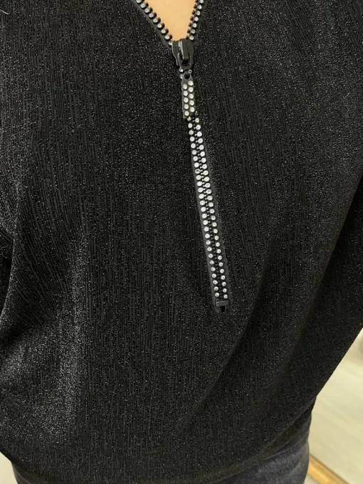 Black Pamela Front Zip Detail Glitz Top<IKRUSH Hot