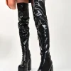 Black pat Aubree Block Knee High Boots<IKRUSH Sale
