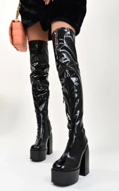 Black pat Aubree Block Knee High Boots<IKRUSH Sale
