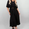 Black Priscilla Belted Button Down Roll Tab Sleeve Midi Dress<IKRUSH Online