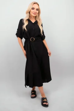 Black Priscilla Belted Button Down Roll Tab Sleeve Midi Dress<IKRUSH Online