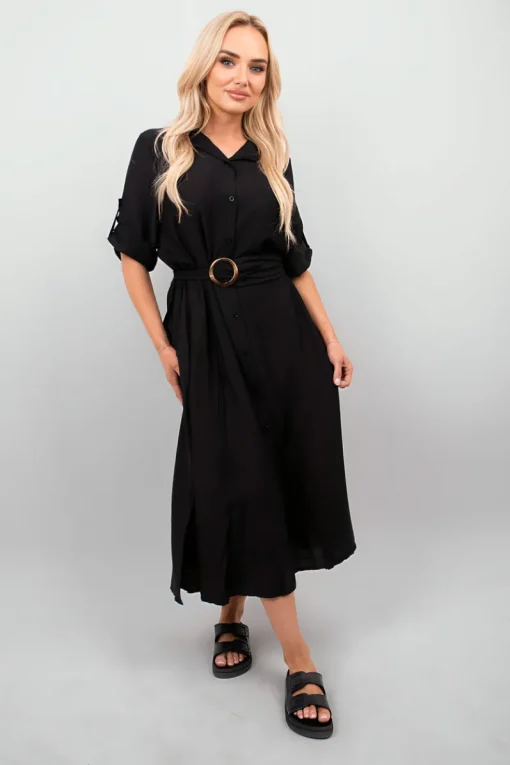 Black Priscilla Belted Button Down Roll Tab Sleeve Midi Dress<IKRUSH Online