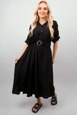 Black Priscilla Belted Button Down Roll Tab Sleeve Midi Dress<IKRUSH Online