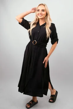 Black Priscilla Belted Button Down Roll Tab Sleeve Midi Dress<IKRUSH Online