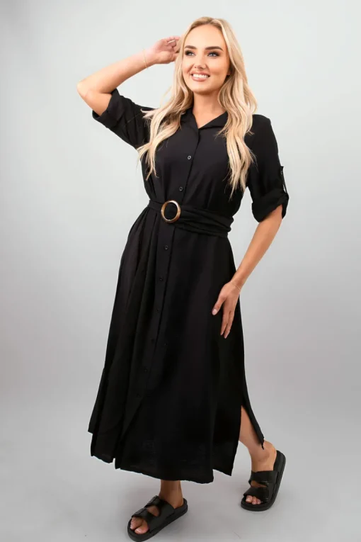 Black Priscilla Belted Button Down Roll Tab Sleeve Midi Dress<IKRUSH Online