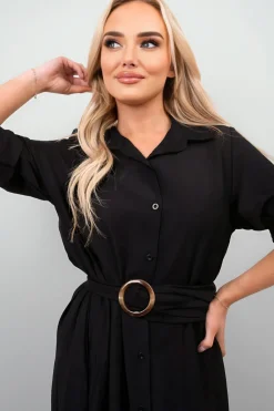 Black Priscilla Belted Button Down Roll Tab Sleeve Midi Dress<IKRUSH Online