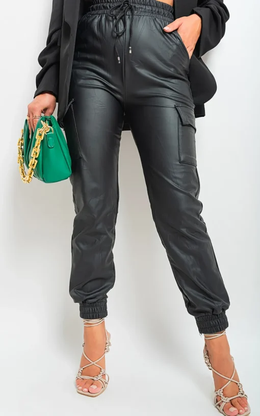 Black pu Selene High Waisted Faux Leather Cargo Trousers<IKRUSH Hot