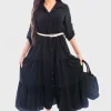 Black Raya Belted Button Down Tiered Maxi Dress<IKRUSH Best