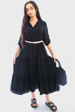 Black Raya Belted Button Down Tiered Maxi Dress<IKRUSH Best