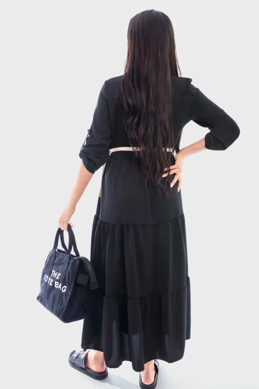 Black Raya Belted Button Down Tiered Maxi Dress<IKRUSH Best