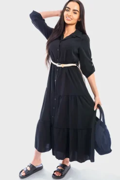 Black Raya Belted Button Down Tiered Maxi Dress<IKRUSH Best