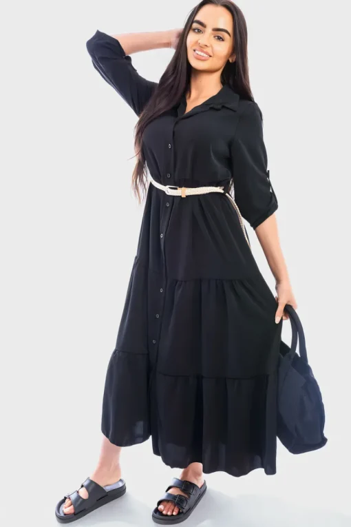 Black Raya Belted Button Down Tiered Maxi Dress<IKRUSH Best