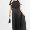 Black Reeva Belted Short Sleeve Pleated Midi Dress<IKRUSH Sale