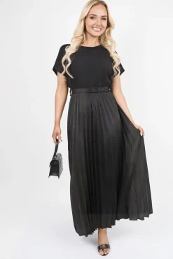Black Reeva Belted Short Sleeve Pleated Midi Dress<IKRUSH Sale
