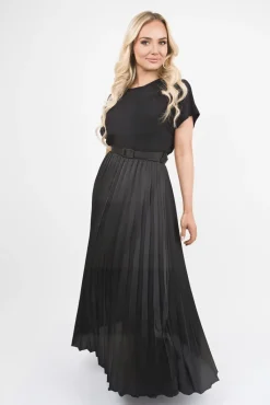 Black Reeva Belted Short Sleeve Pleated Midi Dress<IKRUSH Sale