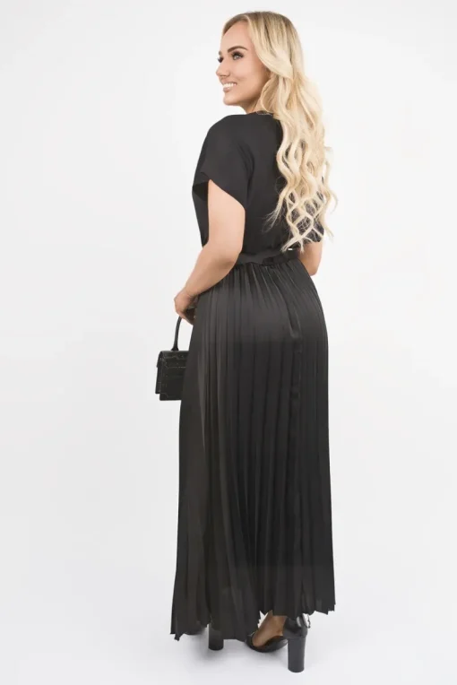 Black Reeva Belted Short Sleeve Pleated Midi Dress<IKRUSH Sale