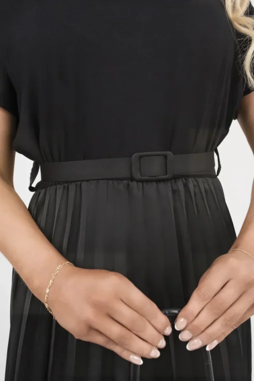 Black Reeva Belted Short Sleeve Pleated Midi Dress<IKRUSH Sale