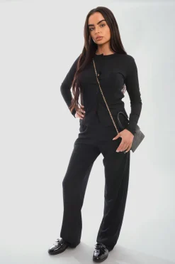 Black Remi Long Sleeve Button Down Top & Trouser Co-ord Set<IKRUSH Clearance