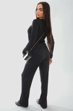 Black Remi Long Sleeve Button Down Top & Trouser Co-ord Set<IKRUSH Clearance