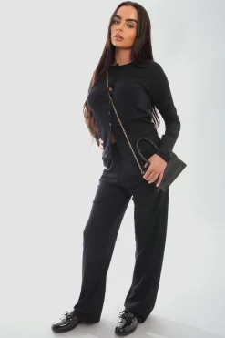 Black Remi Long Sleeve Button Down Top & Trouser Co-ord Set<IKRUSH Clearance