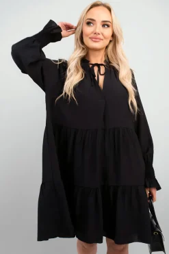 Black Renata Long Sleeve Front Tie Tiered Mini Dress<IKRUSH Best