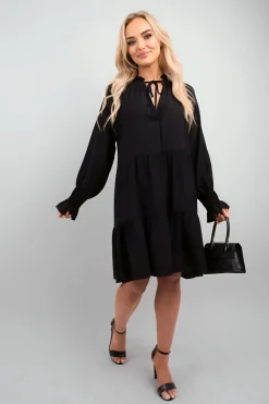 Black Renata Long Sleeve Front Tie Tiered Mini Dress<IKRUSH Best