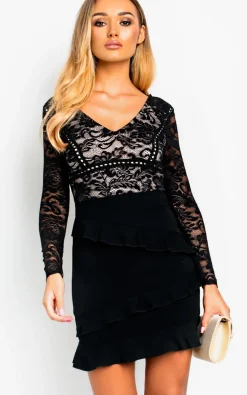 Black Ria Lace Bodycon Mini Dress<IKRUSH Online