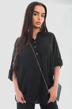 Black Rosa Loose Fit Button Detail Front Folded Long Sleeve Top<IKRUSH Discount