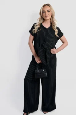 Black Ruth Striped Button Down Tie Front Top and Trouser Co-ord Set<IKRUSH Clearance