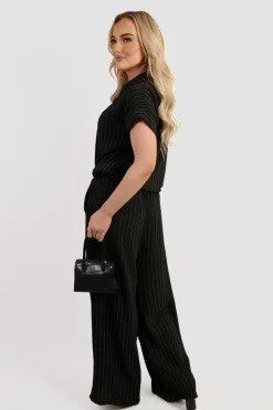 Black Ruth Striped Button Down Tie Front Top and Trouser Co-ord Set<IKRUSH Clearance