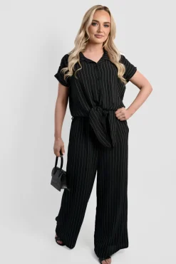 Black Ruth Striped Button Down Tie Front Top and Trouser Co-ord Set<IKRUSH Clearance