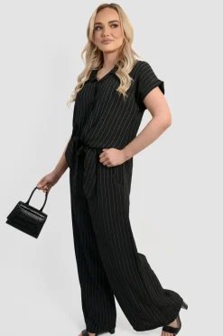 Black Ruth Striped Button Down Tie Front Top and Trouser Co-ord Set<IKRUSH Clearance