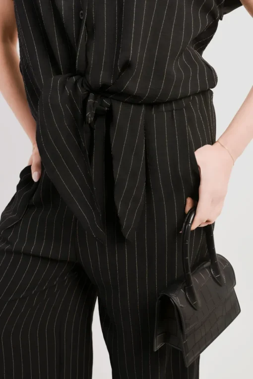 Black Ruth Striped Button Down Tie Front Top and Trouser Co-ord Set<IKRUSH Clearance